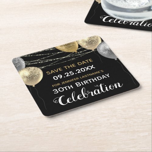 Gold Glitter Balloons 30th Birthday Save the Date Square Paper Coaster