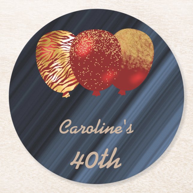 Gold Glitter Balloons 40th Birthday Round Paper Coaster (Front)
