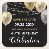 Gold Glitter Balloons 40th Birthday Save the Date Square Paper Coaster (Front)