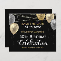Gold Glitter Balloons 50th Birthday Save the Date