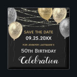 Gold Glitter Balloons 50th Birthday Save the Date Magnet<br><div class="desc">Elegant streamer confetti highlights on the top border. Faux glitter gold and silver balloons artwork. All text is adjustable and easy to change for your own party needs. Great elegant save the date birthday celebration template design.  save the date reminder fridge magnets</div>
