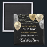 Gold Glitter Balloons 50th Birthday Save the Date Magnet<br><div class="desc">Elegant streamer confetti highlights on the top border. Faux glitter gold and silver balloons artwork. All text is adjustable and easy to change for your own party needs. Great elegant save the date birthday celebration template design.  save the date reminder fridge magnets</div>