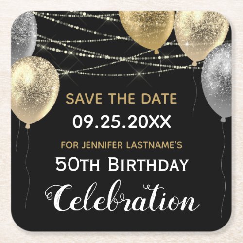 Gold Glitter Balloons 50th Birthday Save the Date Square Paper Coaster