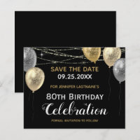 Gold Glitter Balloons 80th Birthday Save the Date