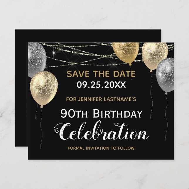 Gold Glitter Balloons 90th Birthday Save the Date (Front/Back)
