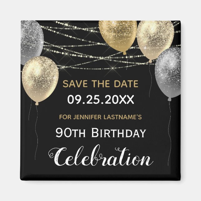 Gold Glitter Balloons 90th Birthday Save the Date Magnet (Front)