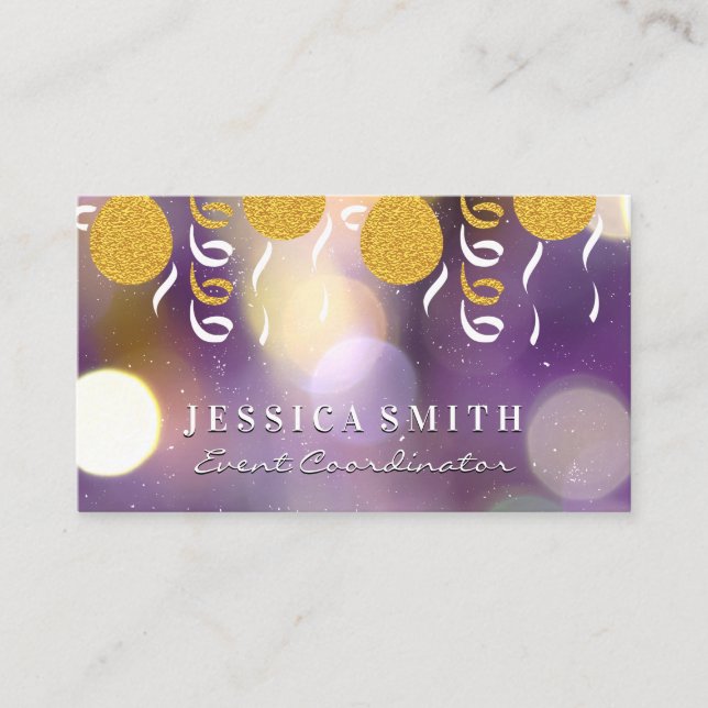 Gold Glitter Balloons and Confetti Business Card (Front)
