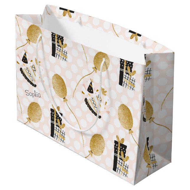 Gold Glitter Balloons and Party Hats Kids Birthday Large Gift Bag (Back Angled)