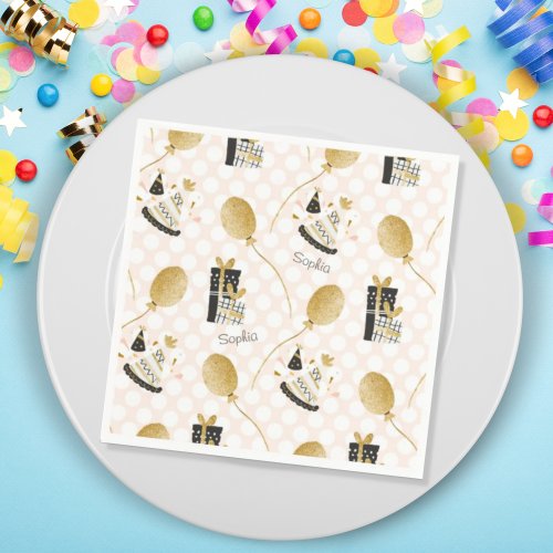 Gold Glitter Balloons and Party Hats Kids Birthday Napkins