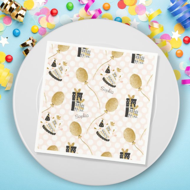 Gold Glitter Balloons and Party Hats Kids Birthday Napkins (Creator Uploaded)