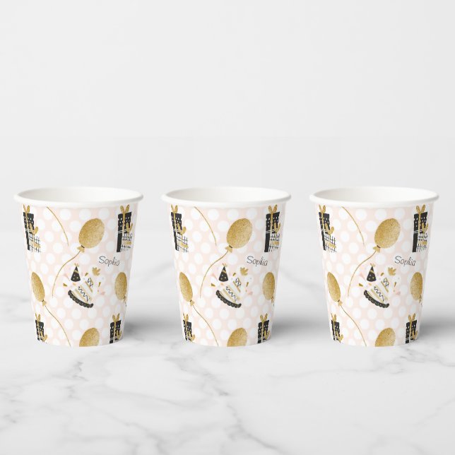 Gold Glitter Balloons and Party Hats Kids Birthday Paper Cups (Multi)