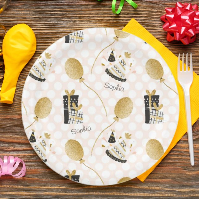 Gold Glitter Balloons and Party Hats Kids Birthday Paper Plates (Creator Uploaded)