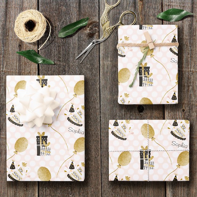 Gold Glitter Balloons and Party Hats Kids Birthday Wrapping Paper Sheets (Creator Uploaded)