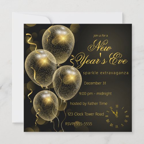 Gold Glitter Balloons Black New Years Eve Party Invitation