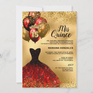 Gold Glitter Balloons Burgundy Dress Quinceanera Invitation