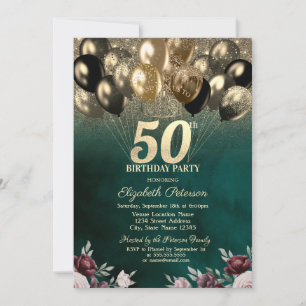 Gold Glitter Balloons Flowers Green 50th Birthday Invitation