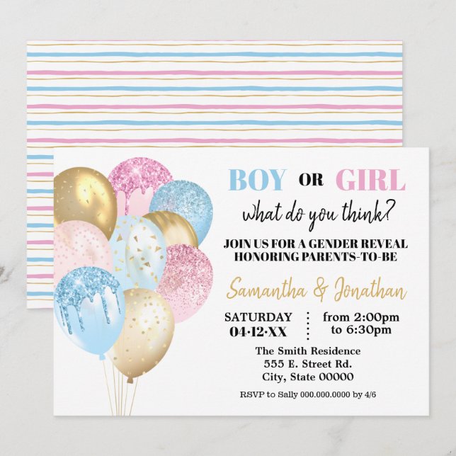 Gold glitter Balloons gender reveal pink or blue Invitation (Front/Back)