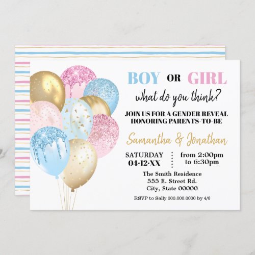 Gold glitter Balloons gender reveal pink or blue Invitation