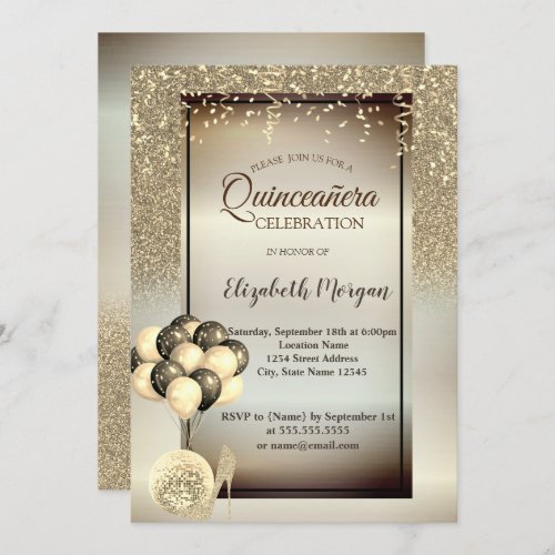 Gold GlitterBalloonsHigh Heels Quinceanera Invitation