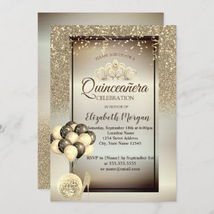 Gold Glitter,Balloons,High Heels,Tiara Quinceañera Invitation