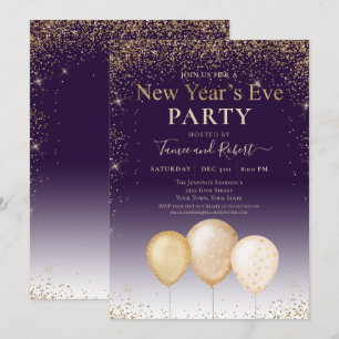 Gold Glitter Balloons Purple New Year's Eve Party Invitation