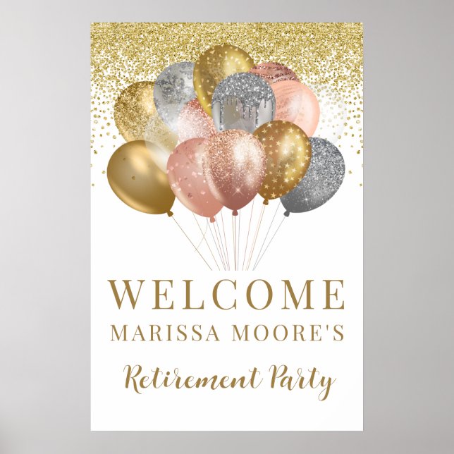 Gold Glitter Balloons Retirement Party Poster (Front)