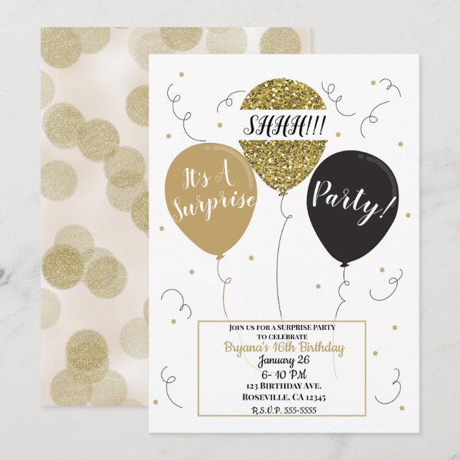 Gold Glitter Balloons Surprise Birthday Party Invitation (Front/Back)