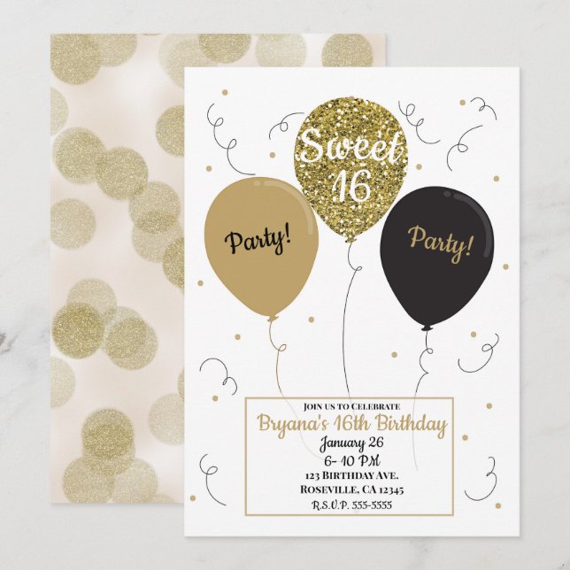 Gold Glitter Balloons Sweet 16 Birthday Party Invitation (Front/Back)