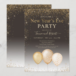 Gold Glitter Balloons Taupe New Year's Eve Party Invitation