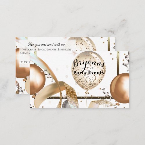 Gold Glitter Balloons White Party Event Planner Business Card