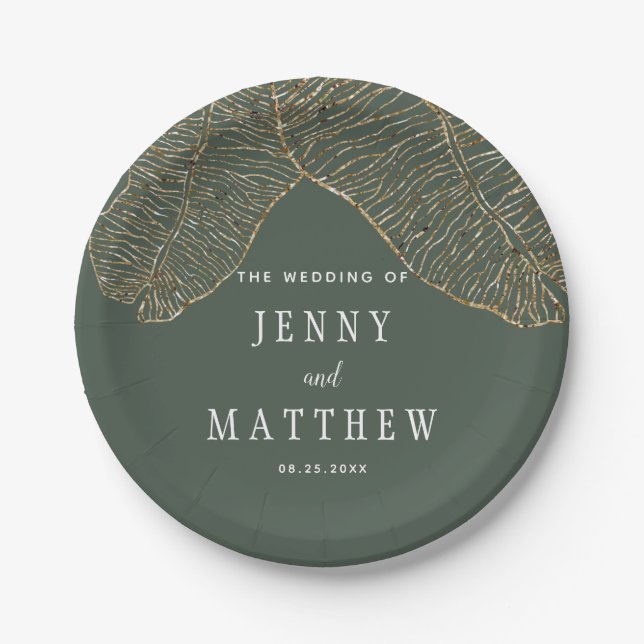 Gold Glitter Banana Leaves Tropical Wedding Paper Plates (Front)
