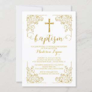 Gold Glitter Baptism Christening Cross Invitation