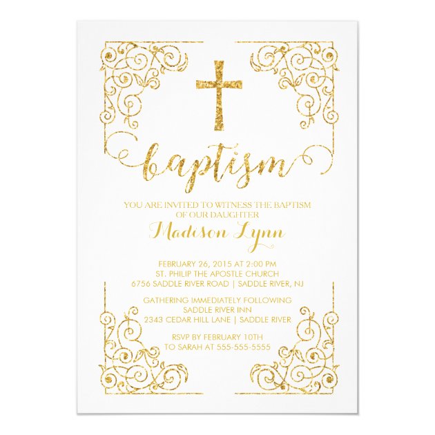 Gold Glitter Baptism Christening Cross Invitation