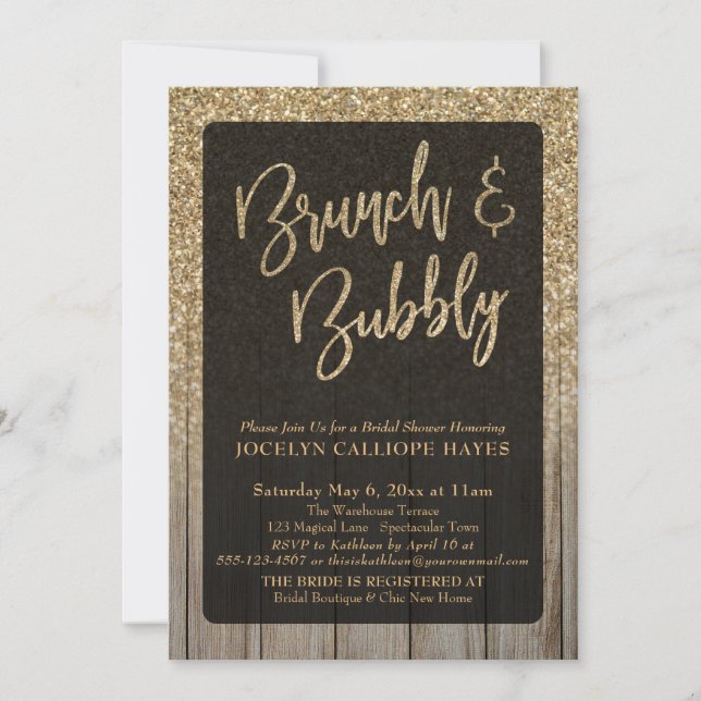 Gold Glitter Barn Wood Brunch & Bubbly Invitation (Front)