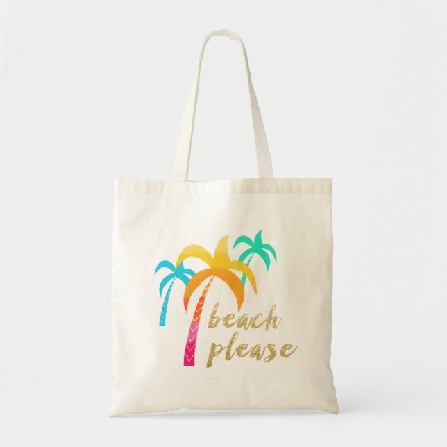 gold glitter "beach please" with colorful palms tote bag (Front)