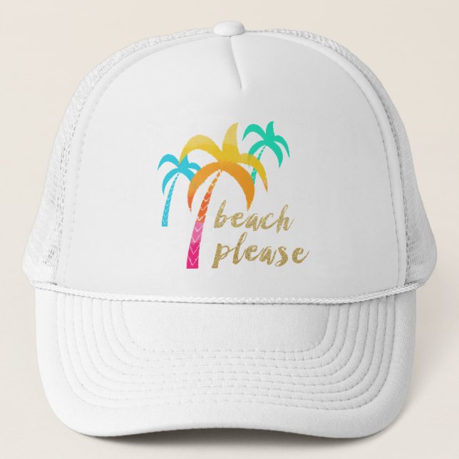 gold glitter "beach please" with colorful palms trucker hat (Front)