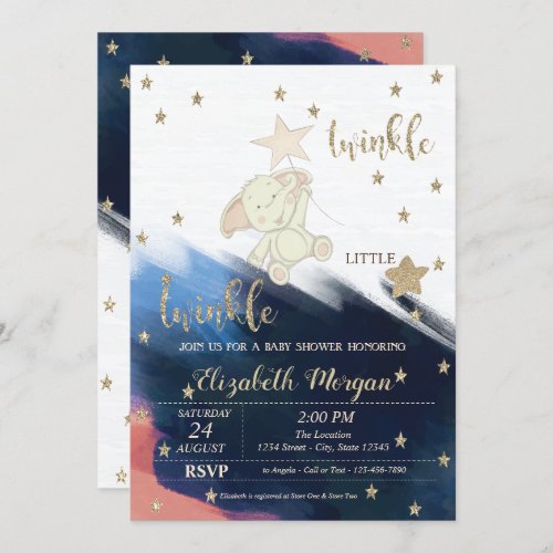 Gold Glitter Bear Twinkle Little Star Baby Shower Invitation
