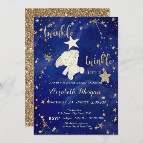 Gold Glitter Bear Twinkle Little Star Baby Shower Invitation