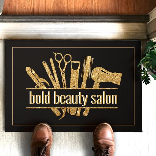 Gold Glitter Beauty Salon Hairstylist Blck Doormat