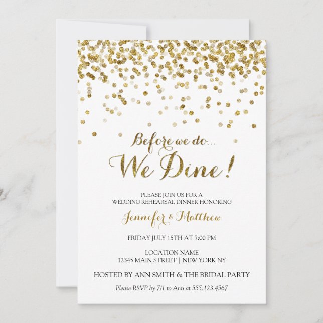 Gold Glitter Before We Do We Dine Rehearsal Dinner Invitation (Front)