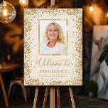 Gold Glitter Beige 60th Birthday Photo Welcome Foam Board<br><div class="desc">Elegant Modern Sparkle gold glitter and beige Personalized Photo 60th Birthday Welcome Foam Board. This Girly Adult feminine SIXTY (SIXTIETH) OR ANY AGE Birhday party sign featuring a stylish handwritten calligraphy script, gold glam glitter frame around on cream white or beige background. Ideal for a feminine adult or girly milestone...</div>