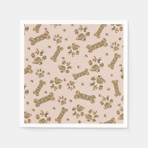 Gold Glitter Beige Blush Pet Paw Bone Puppy Dog Napkins