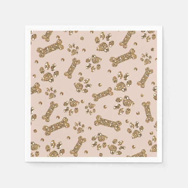 Gold Glitter Beige Blush Pet Paw Bone Puppy Dog Napkins (Front)