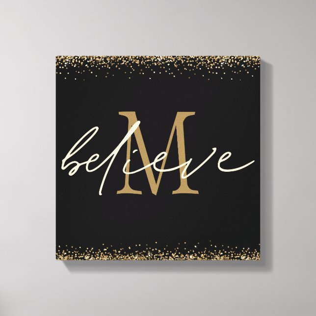 Gold Glitter Believe Script Monogram Initial Black Canvas Print (Front)