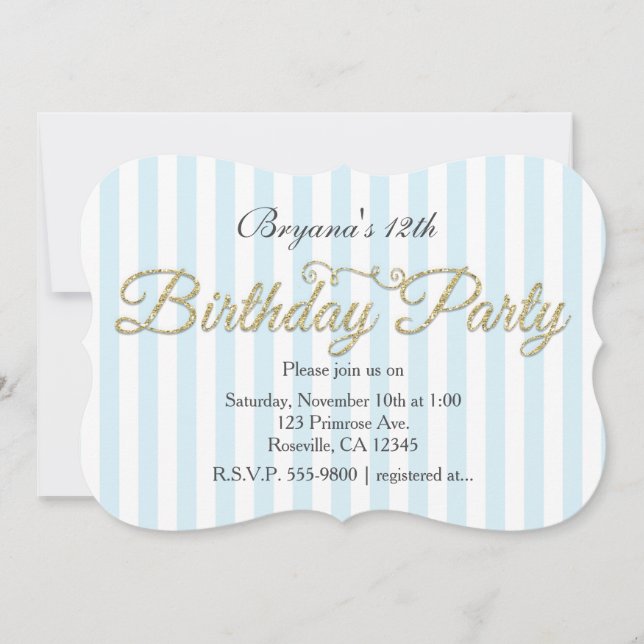 Gold Glitter BIRTHDAY PARTY Blue Invitations (Front)