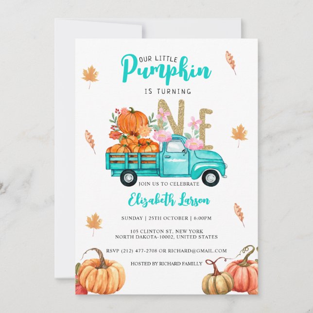 Gold Glitter Birthday Pumpkin Blue Truck Theme Invitation (Front)