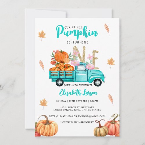 Gold Glitter Birthday Pumpkin Blue Truck Theme Invitation