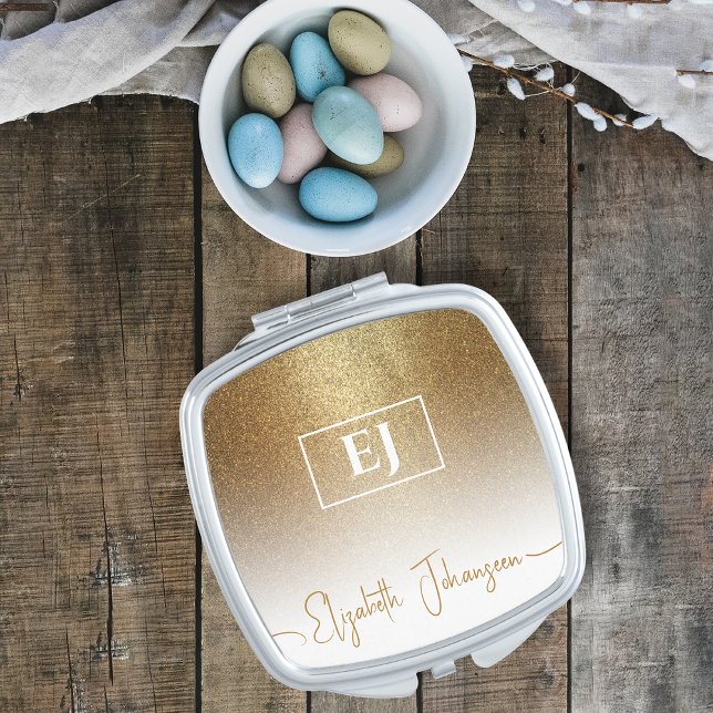 Gold Glitter Birthday Sparkle Modern Monogrammed Compact Mirror (Creator Uploaded)