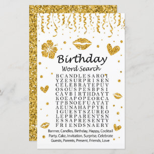 Gold glitter Birthday Word Search Game