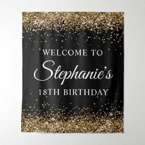 Gold Glitter Black 18th Birthday Party Welcome Tapestry